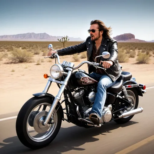 Prompt: Title: Freedom on Two Wheels

Genre: Rock

Description:
Design an album cover for a rock music album titled "Freedom on Two Wheels." The cover should prominently feature a man wearing a leather jacket, jeans, and shades, riding a motorcycle on a desert road. The scene should evoke a sense of freedom, adventure, and the open road. The desert landscape should be expansive and sunlit, with clear blue skies overhead. The motorcycle should be a classic or modern rock-style bike, with elements that suggest speed and rebellion.

Specifications:

Dimensions: Minimum 1500 x 1500 pixels
Aspect Ratio: 1:1 (Perfect Square)
Style Preferences:

Bold and dynamic colors suitable for a rock album cover.
the rider should be riding towards the viewer
Focus on capturing the essence of freedom and adventure.
Use of dramatic lighting and shadows to enhance the mood.
Additional Notes:
Feel free to incorporate iconic rock elements like guitar motifs, subtle music references, or stylistic elements that resonate with the rock genre. The overall design should be eye-catching and convey a sense of excitement and energy.

