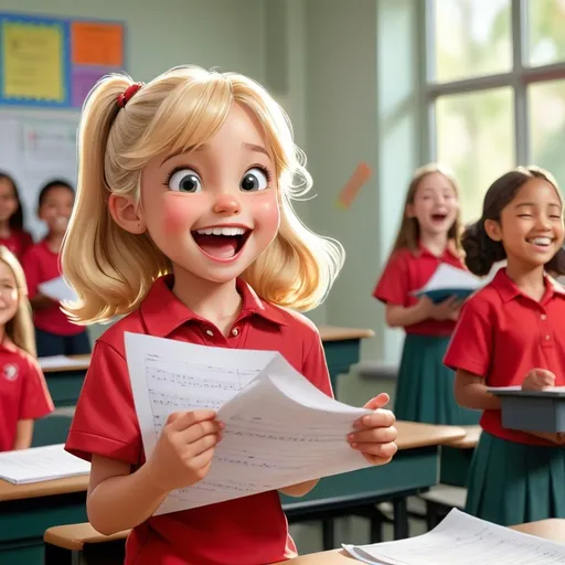 Prompt: "A blonde little girl wearing a red shirt, standing on a classroom podium, holding a test paper with a score of 100, facing her classmates and receiving praise, the classroom is bright and cheerful, with students smiling and clapping, the girl looks happy and proud."
