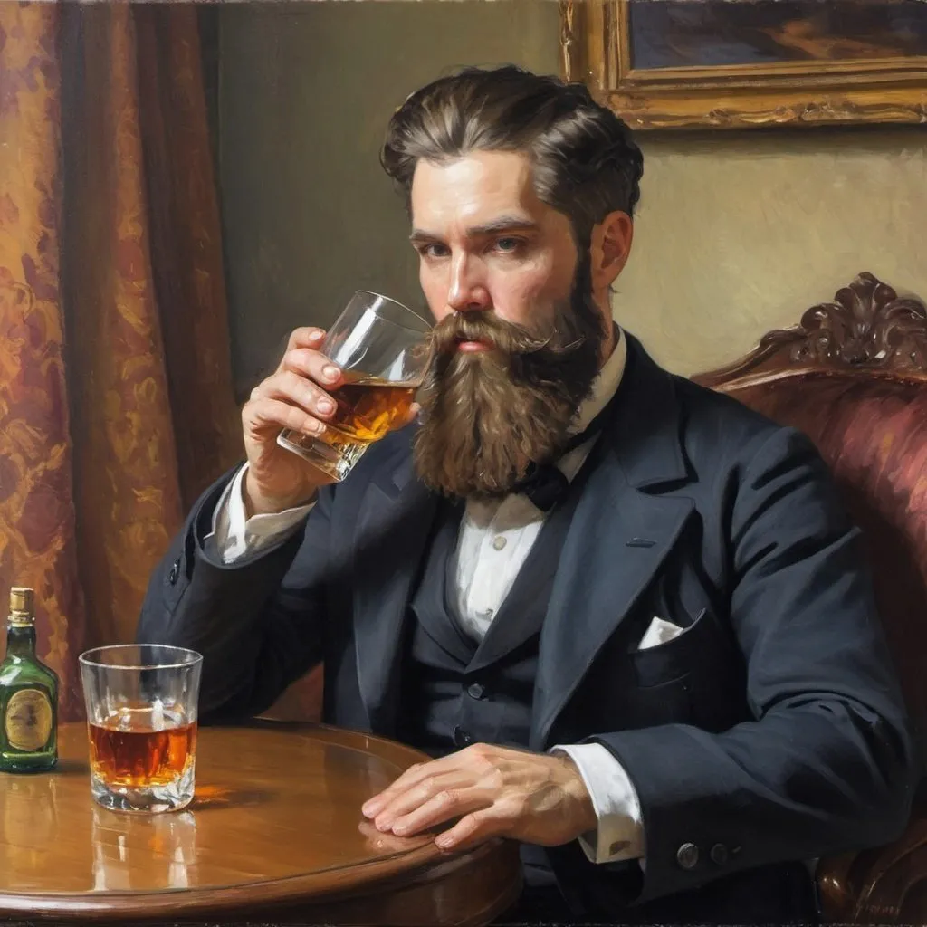 Prompt: Impressionist painting of a very elegantly bearded man, with ostentatious appearance, drinking whiskey. Set in the Victorian era.