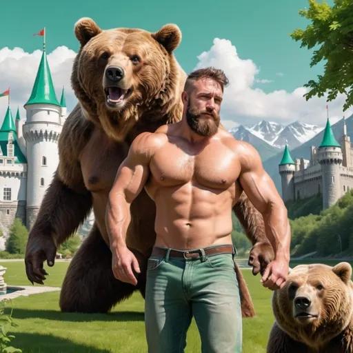 Prompt: A bearded, muscled and hairy man without shirt is playing with a big brown bear on a green and vivid land with a white castle in the background. Realism details.