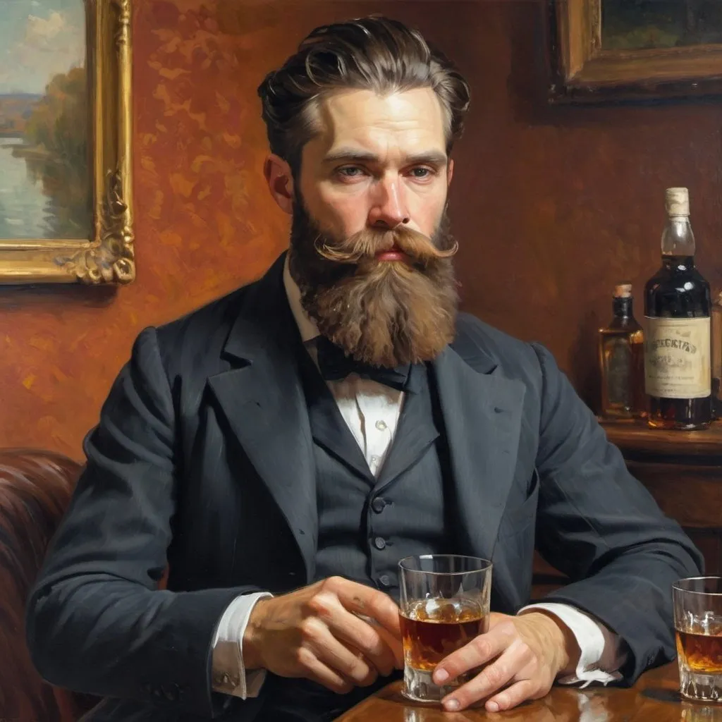 Prompt: Impressionist painting of a very elegantly bearded man, with ostentatious appearance, drinking whiskey. Set in the Victorian era.