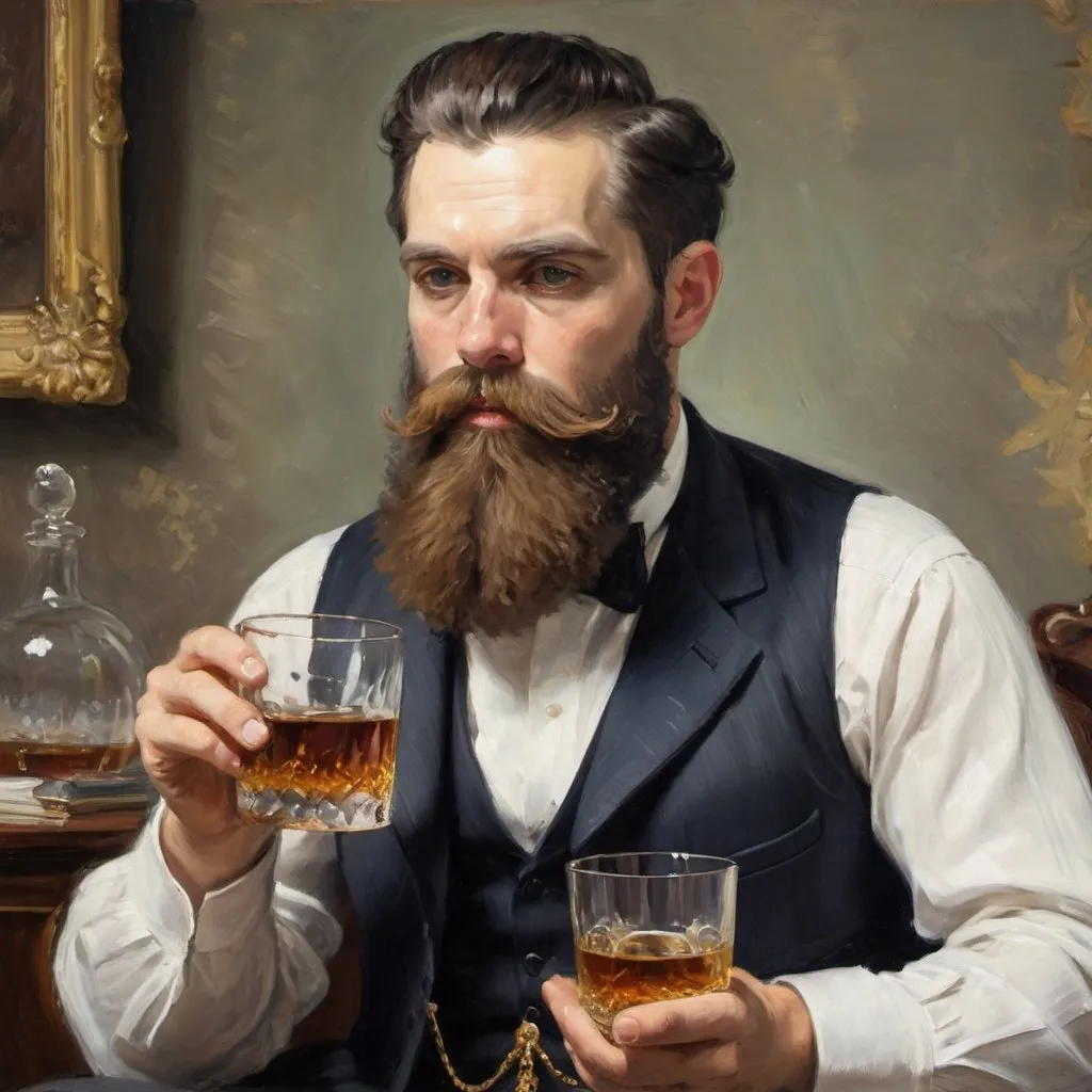 Prompt: Impressionist painting of a very elegantly bearded man, with ostentatious appearance, drinking whiskey. Set in the Victorian era.