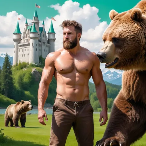 Prompt: A bearded, muscled and hairy man without shirt is playing with a big brown bear on a green and vivid land with a white castle in the background. Realism details.