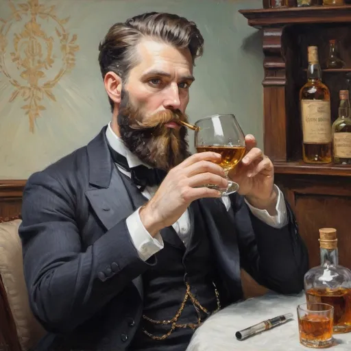 Prompt: Impressionist painting of a very elegantly bearded man, with ostentatious appearance, drinking whiskey. Set in the Victorian era.