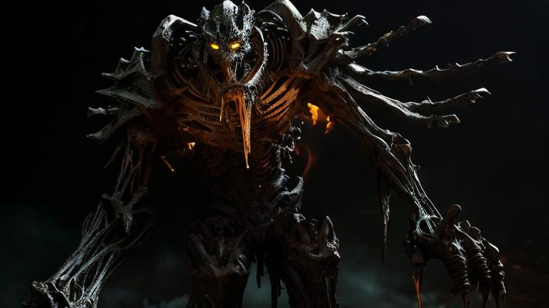 Prompt: Demonic golem with bone gun bone material, ominous atmosphere, high quality, dark fantasy, skeletal structure, bone cannon, intimidating presence, detailed design, eerie lighting