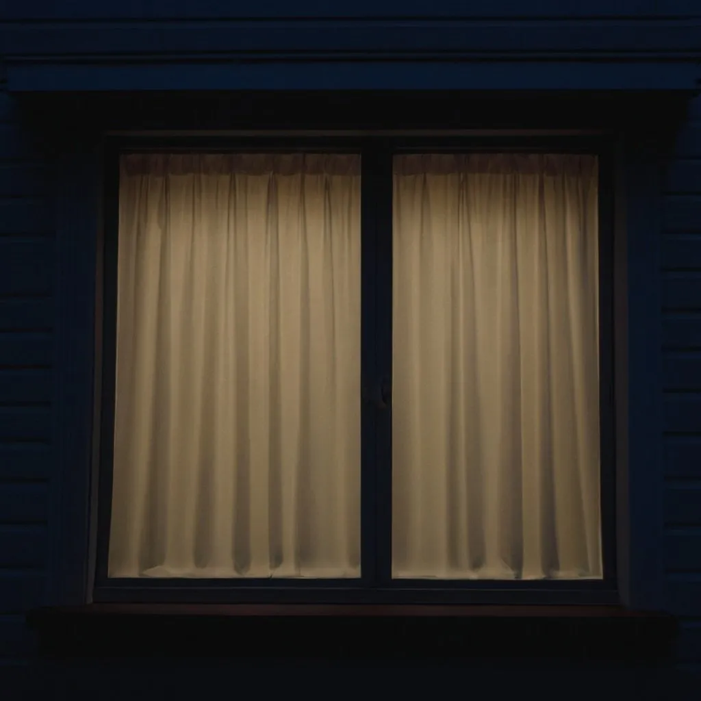 Prompt: Frontal image of the exterior of a lit window with curtains at night, hq