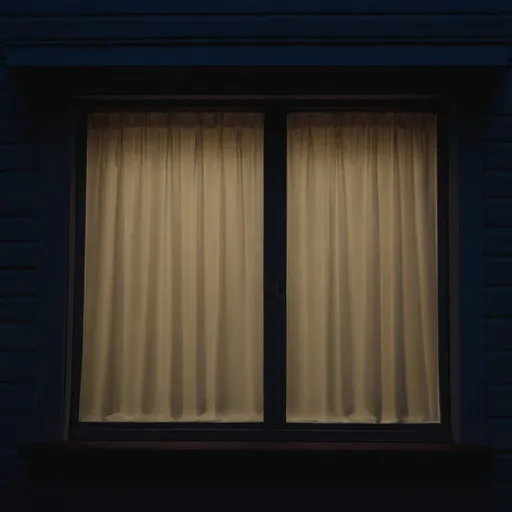 Prompt: Frontal image of the exterior of a lit window with curtains at night, hq