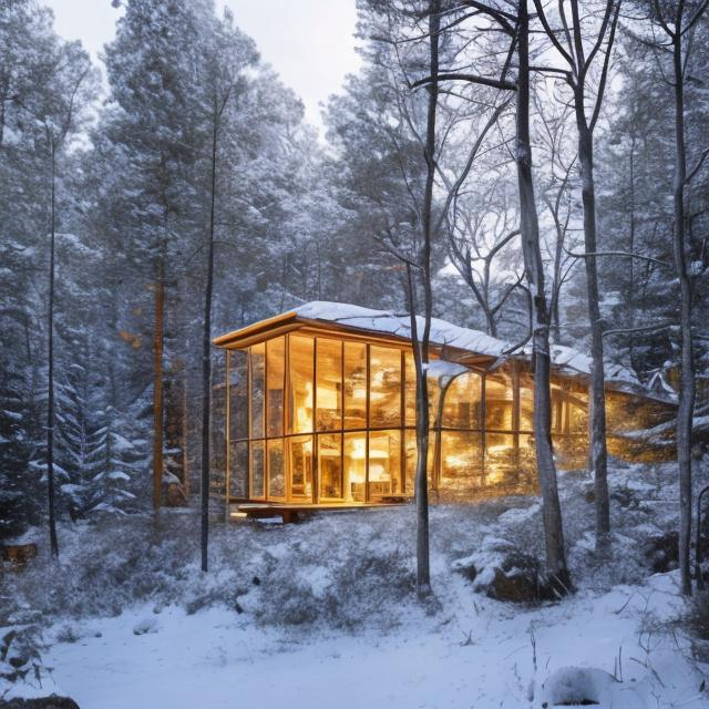 Prompt: a cabin in the woods snow designed by renzo piano in the snow, photo realistic, sharp, stylish, forest, perched on a rock cliff, sunset golden light, photorealistic