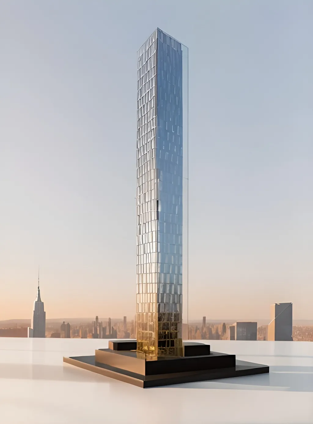 Prompt: Create an office tower with 40 floors with a Voronoi curtain wall pattern that varies in scale as it moves vertically. The base of the tower is rectangular. Golden hour sunlight, located in Manhattan
