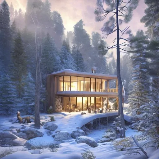 Prompt: "Create a photorealistic 3D rendering of a stylish cabin in the snow-covered woods, designed by renowned architect Renzo Piano. The cabin should be perched on a rock cliff, with a backdrop of colorful sunlit clouds during a golden sunset. The scene should capture the serene beauty of the forest, and include wolves passing by in a lifelike manner. Pay close attention to detail, ensuring sharp and realistic textures, and create a stunning visual representation of this tranquil winter scene."