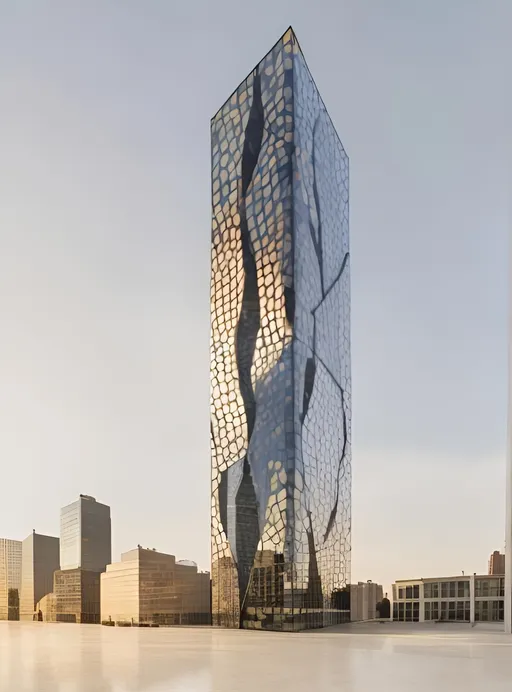 Prompt: Create an office tower with 40 floors with a Voronoi curtain wall pattern that varies in scale as it moves vertically. The base of the tower is rectangular. Golden hour sunlight, located in Manhattan
