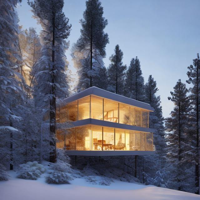 Prompt: a cabin in the woods snow designed by renzo piano in the snow, photo realistic, sharp, stylish, forest, perched on a rock cliff, sunset golden light, photorealistic