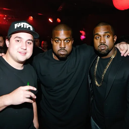Prompt: Fatpepe and fatman with kanye west in club