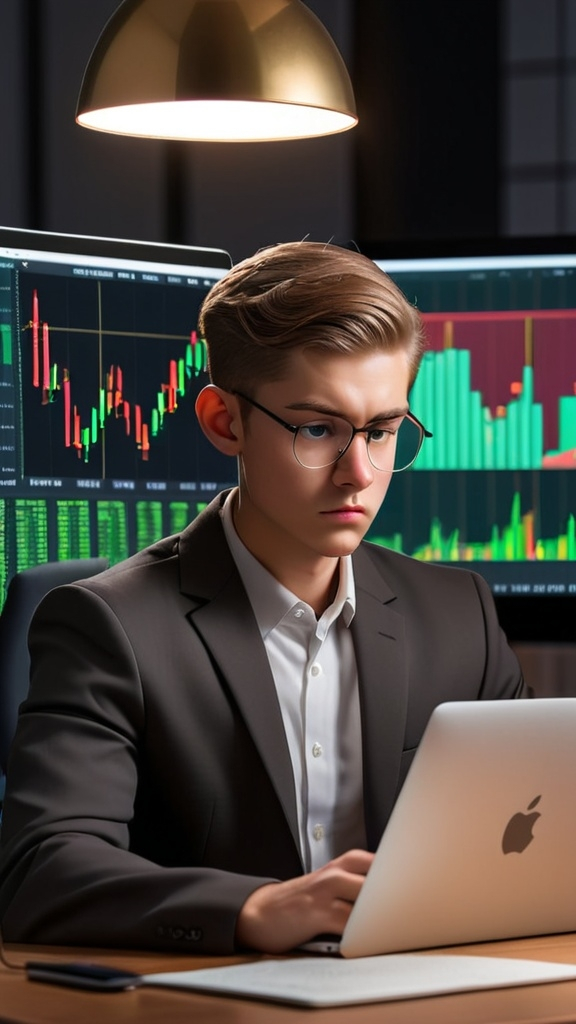 Prompt: A young man in a suit and jacket is sitting behind a desk with a Macbook and a reading lamp on the table. The background should be an image of crypto and forex charts