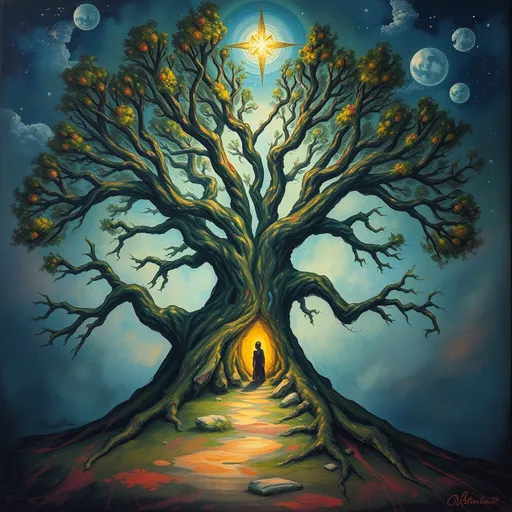 Prompt: a painting of a tree with a person in the middle of it and a star above it in the middle of the painting, Anato Finnstark, fantasy art, fantasy artwork, concept art