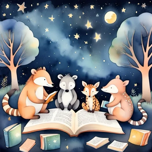 Prompt: wild animals reading books
 under a starry night cartoon watercolour illustration with soft pastel
colours