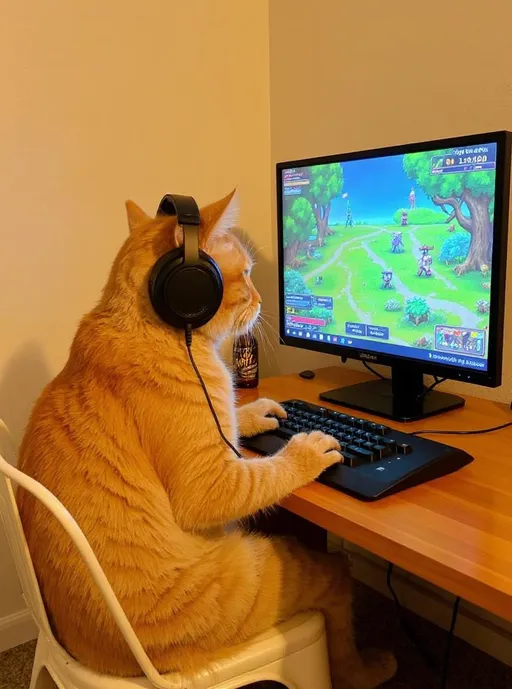 Prompt: An orange cat wearing gaming headphones. Playing a video game on a computer. A bottle of mojo next to a desk. A room is shown with a monitor displaying the game. Audio: Light gaming sounds and a soft meow from the cat."