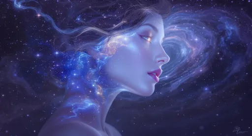Prompt: A surreal and ethereal portrait of a young woman with soft, glowing skin and delicate features. Her neck and lower face dissolve into a swirl of cosmic light, stardust, and nebula-like colors. Behind her, a galactic vortex of stars and deep blues spirals outward, giving a dreamy, spiritual atmosphere. The lighting is soft and luminous, highlighting her face with a magical glow. Style: hyperrealistic, digital art, cosmic fantasy.