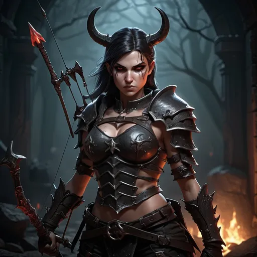 Prompt: Archer girl in Diablo video game style, dark and gritty, highly detailed armor, dynamic pose, demonic surroundings, menacing atmosphere, high quality, gritty, dark fantasy, detailed armor, dynamic pose, demonic environment, menacing, atmospheric lighting