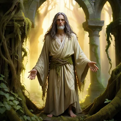 Prompt: (Forgotten god), ancient and powerful presence, wearing tattered robes, ethereal glow surrounding its form, mystical ruins in the background, overgrown with vines and moss, warm golden light piercing through, dreamlike atmosphere, bittersweet nostalgia, high detail and resolution, mythical aura, enhanced textures, sublime artistry, dramatic shadows and highlights, captivating and haunting.