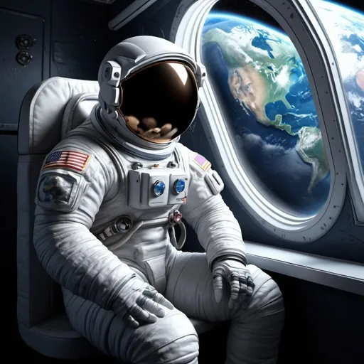 Prompt: Realistic 3D rendering of an astronaut sitting watching a blue planet Earth from a window, detailed space suit, high quality, detailed spacecraft interior, astronaut, spacecraft interior, realistic 3D rendering, earth gaze, space suit, high quality