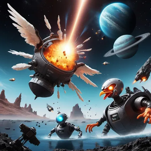 Prompt: Spaceships attacking a water planet near a black hole and fighting space chicken robots yelling Huaaaaa
