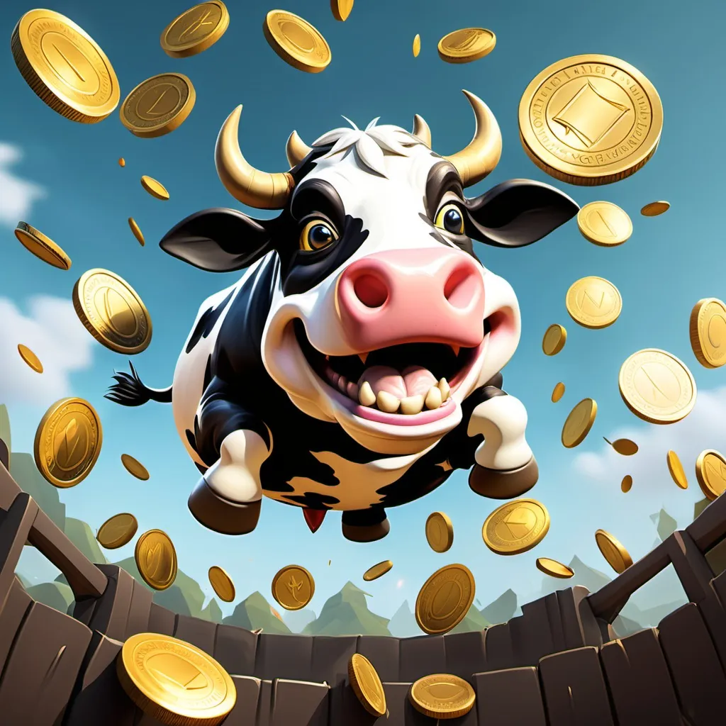 Prompt: A cash cow based on the mmorpg game called Runescape

Show coins dropping from its underside