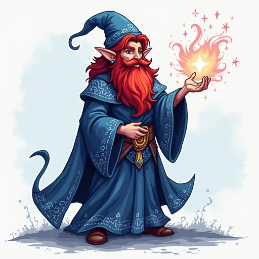 Prompt: create a character that can be used in an isometric game that is pixelated and with a transparent background that looks like an elf wizard from high fantasy with red hair and a red beard, wearing a long blue cloak
