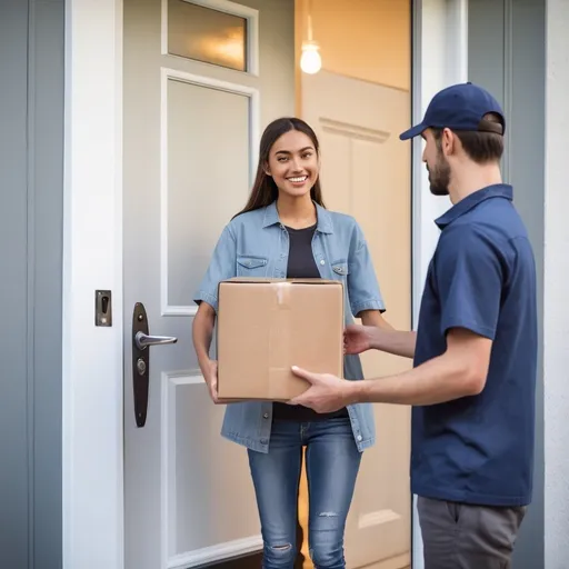 Prompt: Tall young woman at her front door receiving a delivery package from delivery driver, detailed clothing, realistic, natural lighting