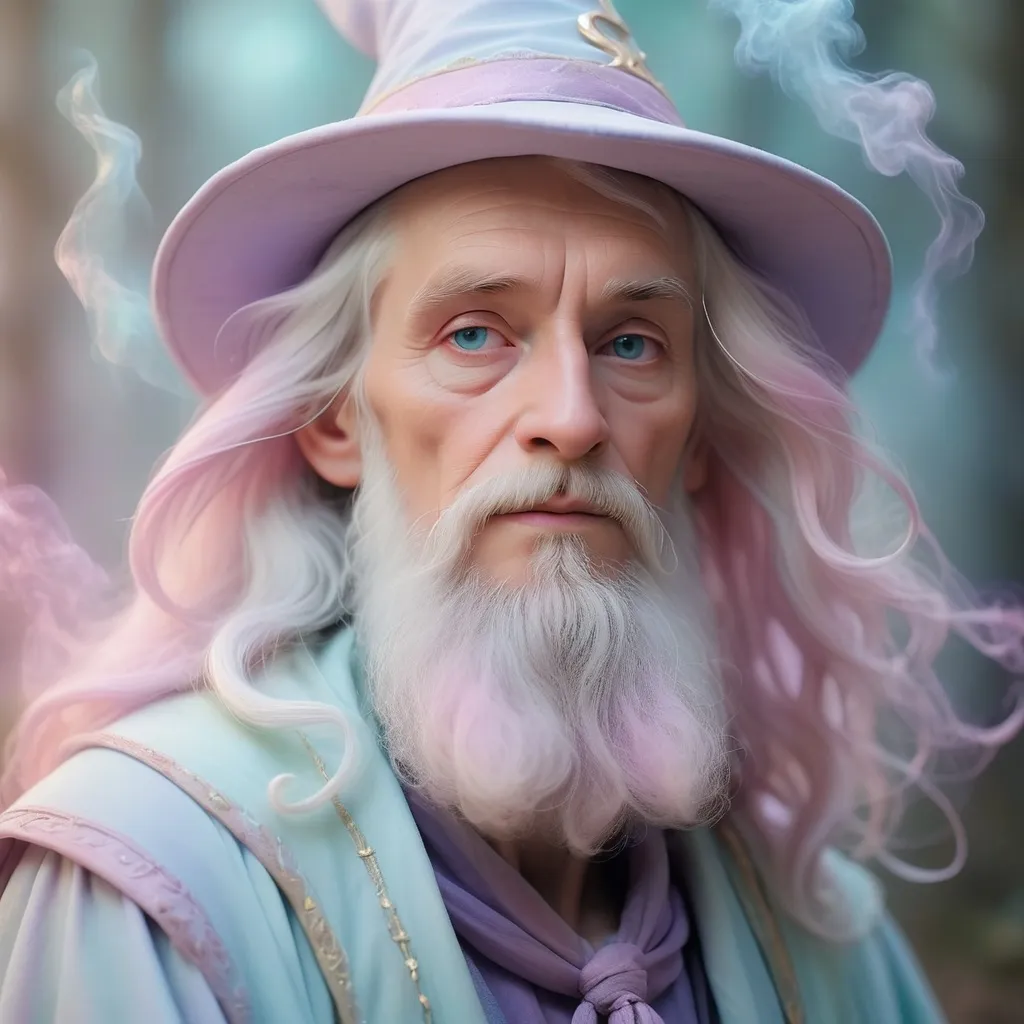 Prompt: Dreamy pastel portrait, wizard, ethereal atmosphere, soft focus