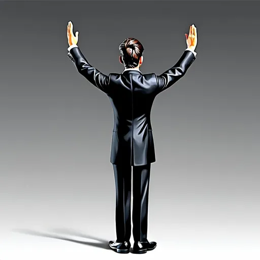 Prompt: figurine toy of a symphony conductor,  back side view, full body, black suit, black dress, detailed hand position, Illustration, detailed, vibrant colors, high quality, artistic style, detailed linework, vibrant, professional, digital rendering, dynamic composition, best quality, vibrant colors, no background, realistic pose, wheatish skin, wavy black hair, shoes on floor, formal black pants, baton in right hand, long coat, detailed hands