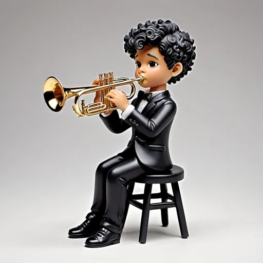 Prompt: figurine toy of a boy trumpeter sitting on a black stool and playing the trumpet,  top view, full body, black suit, black dress, detailed trumpet, detailed hand position, back less stool, Illustration, detailed, vibrant colors, high quality, artistic style, detailed linework, vibrant, professional, digital rendering, dynamic composition, best quality, vibrant colors, no background, realistic pose, both hands playing on trumpet, wheatish skin, curly hair, trumpet mouth piece on lips