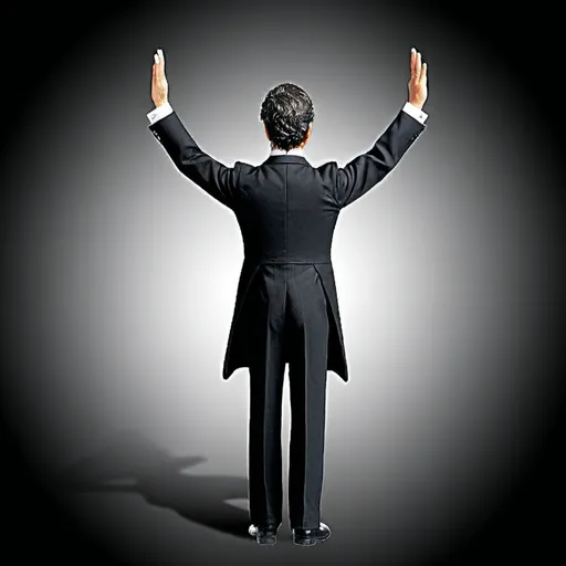 Prompt: figurine toy of a symphony conductor,  front top view, full body, black suit, black dress, detailed hand position, Illustration, detailed, vibrant colors, high quality, artistic style, detailed linework, vibrant, professional, digital rendering, dynamic composition, best quality, vibrant colors, no background, realistic pose, back view, wheatish skin, wavy black hair, shoes on floor, formal black pants, baton in right hand