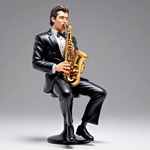 Prompt: figurine toy of a man saxophonist sitting on a black stool and playing the saxophone,  front view, full body, black suit, black dress, detailed saxophone, detailed hand position, back less stool, Illustration, detailed, vibrant colors, high quality, artistic style, detailed linework, vibrant, professional, digital rendering, dynamic composition, best quality, vibrant colors, no background, realistic pose, both hands playing saxophone, wheatish skin, wavy hair, mouth piece on lips