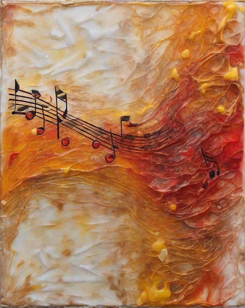 Prompt: An abstract Encaustic wax painting of a sheet music using only red, yellow and orange colors, heavy wax, 