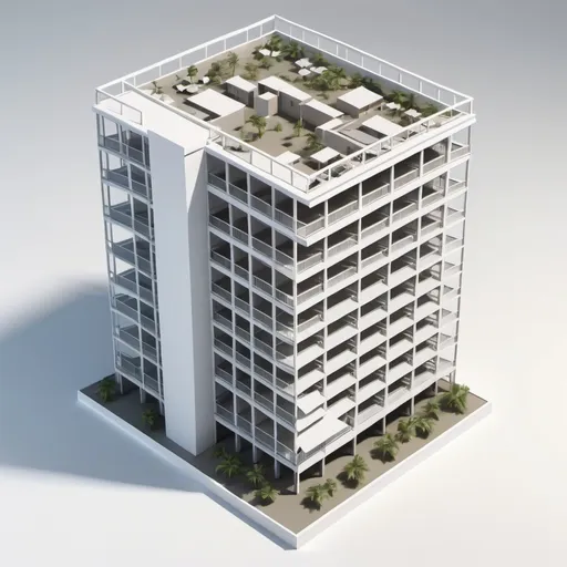 Prompt: 3-d model of a 15 story condominium with half transparent walls and half wireframe. show from top corner perspective. make it Hawaiian style on a white background

