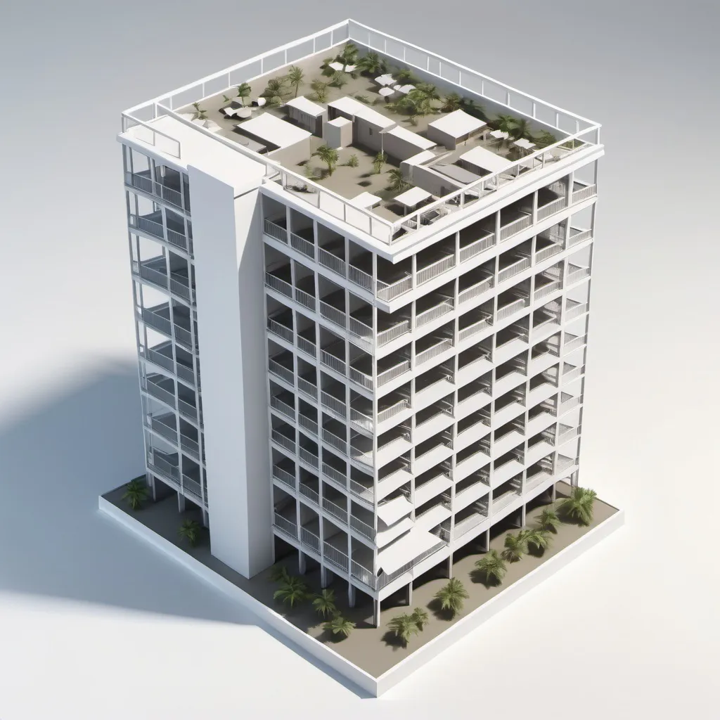 Prompt: 3-d model of a 15 story condominium with half transparent walls and half wireframe. show from top corner perspective. make it Hawaiian style on a white background

