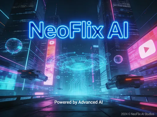 Prompt: Futuristic YouTube banner for NeoFlix AI, cyberpunk city background, glowing cinematic lights, AI technology theme, bold typography, neon color grading, professional digital art, high resolution, wide banner composition.