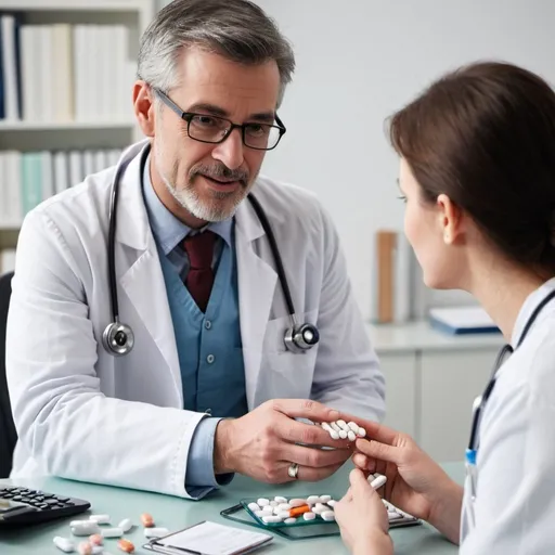 Prompt: generate me a doctor chatting politely with his patient showing some pills on his desk