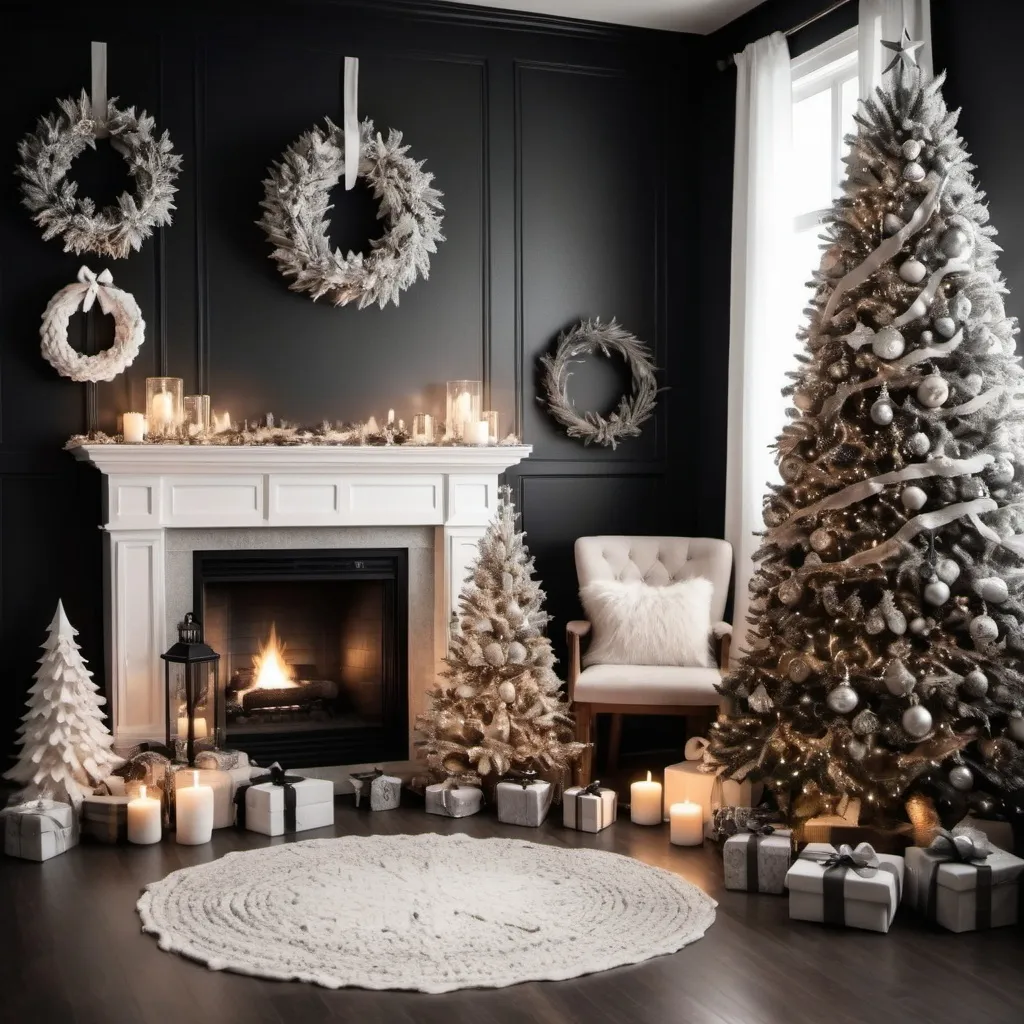 Prompt: Christmas photo background where black and white decoration predominates
