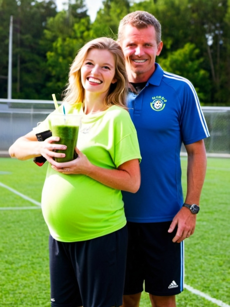 Prompt: He is 10years older and a soccer coach on a soccer field. She is 10y older, highly pregnant and hold a green smoothie in her hand