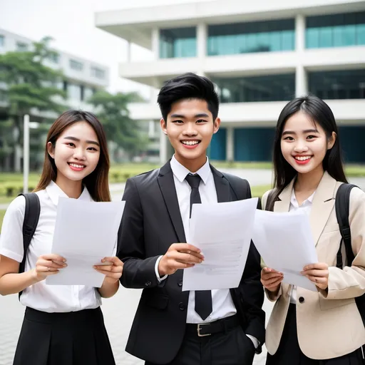 Prompt: Three young and happy Vietnamese university students standing together outdoors on a modern university campus. They are holding blank A4-sized documents, clearly visible, as if they are admission letters. The two female students are wearing plain traditional Vietnamese áo dài, while the male student is in a black suit. They are smiling and looking excited about their future. The background is bright and natural, with soft lighting enhancing the lively atmosphere