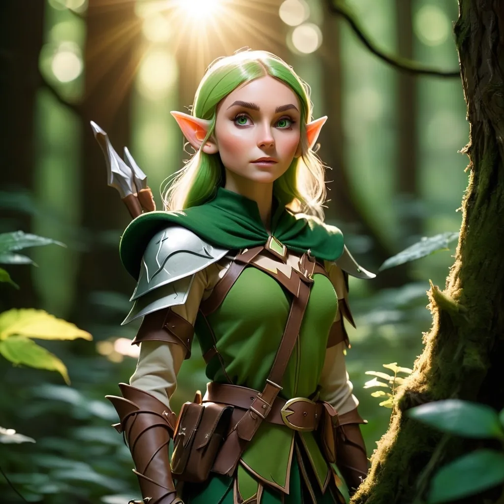 Prompt: Elf ranger in a mystical forest around sunlight