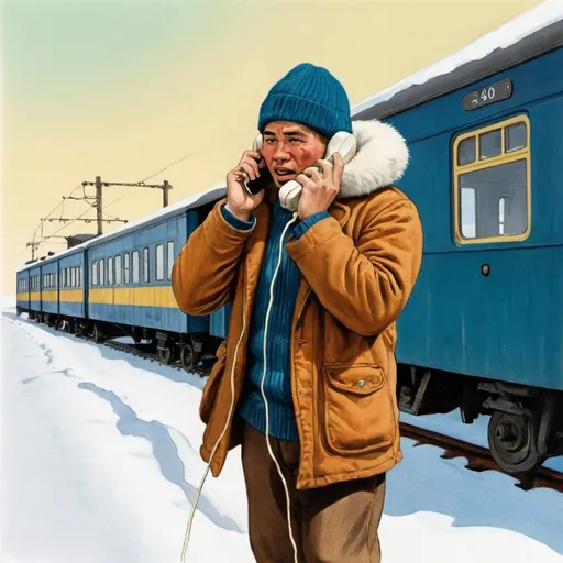 Prompt: Colored drawing of male eskimo talking on telephone near train