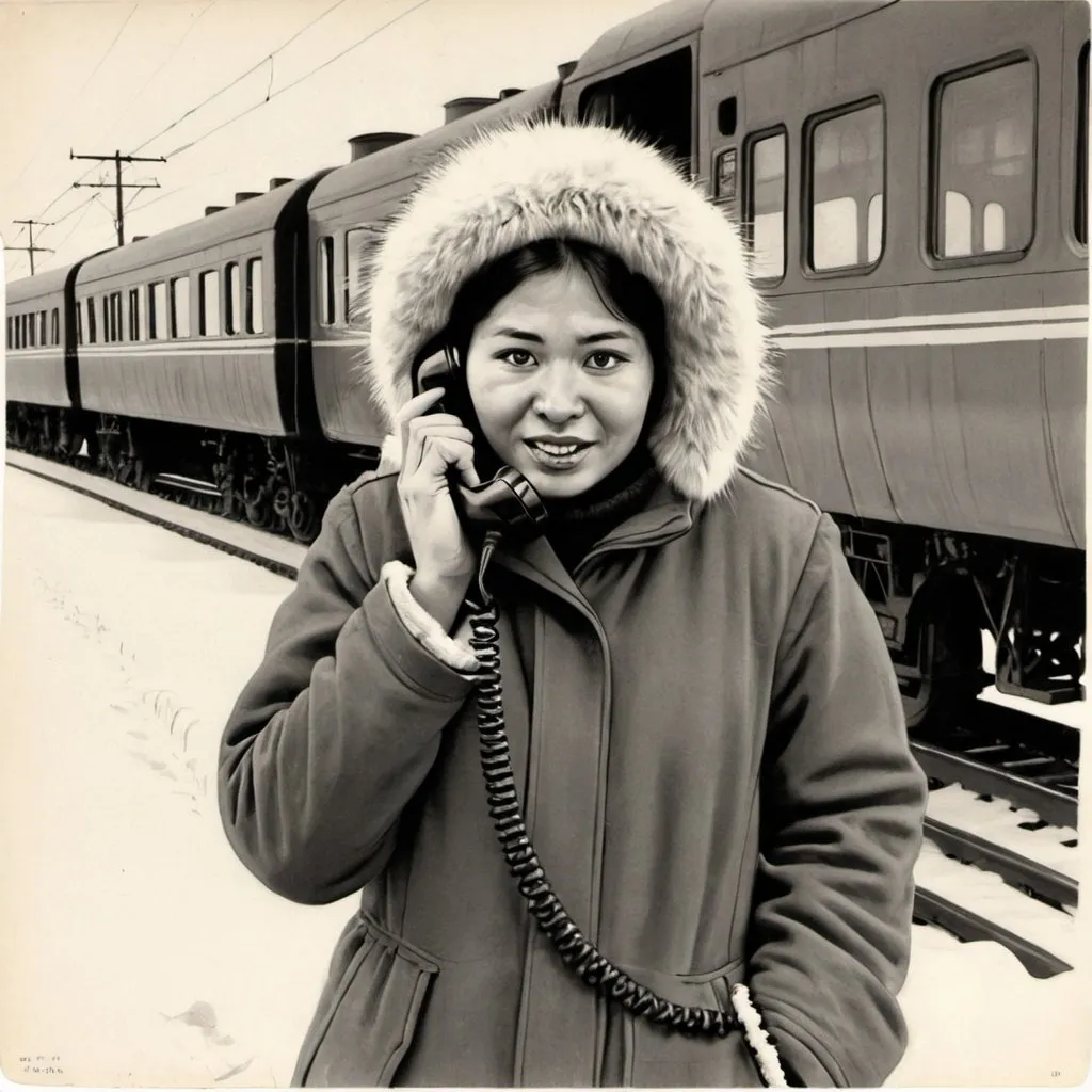 Prompt: Drawing of eskimo talking on telephone near train.