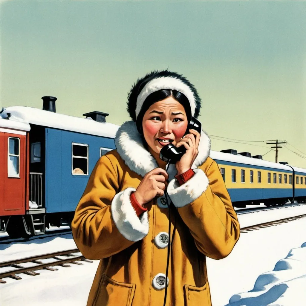 Prompt: Colored drawing of eskimo talking on telephone near train