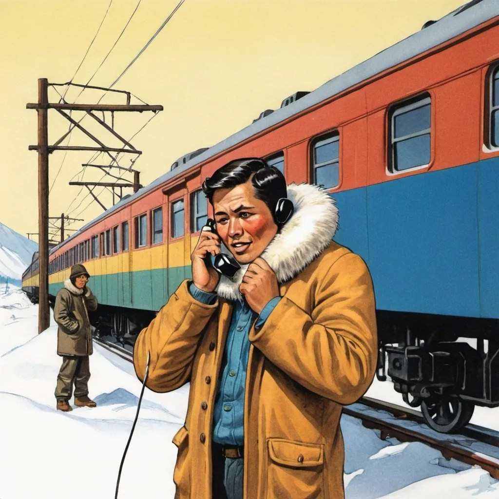 Prompt: Colored drawing of male eskimo talking on telephone near train