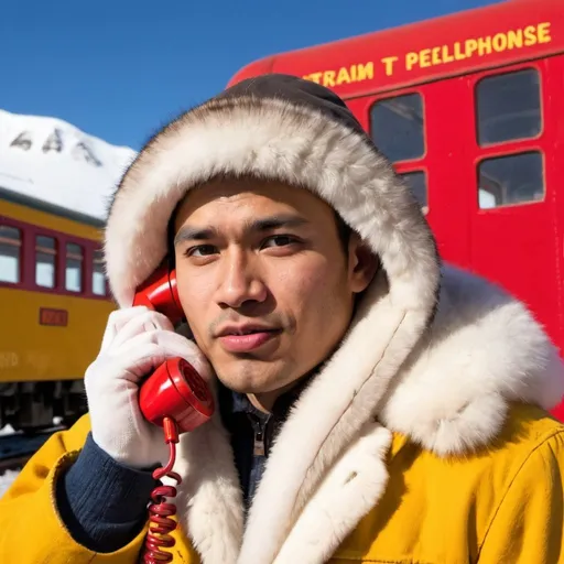 Prompt: Male Eskimo talking on a red telephone with a yellow train in the background.