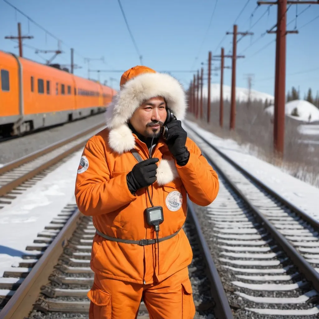 Prompt: Male Eskimo with a gotee, talking on a handheld radio, with a orange train on the tracks.