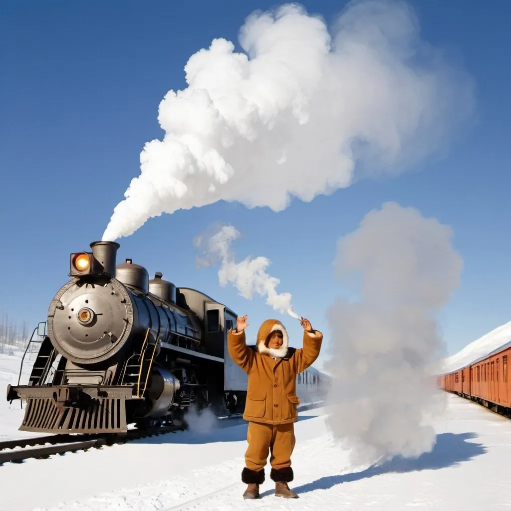 Prompt: clipart of eskimo making smoke signals near train.